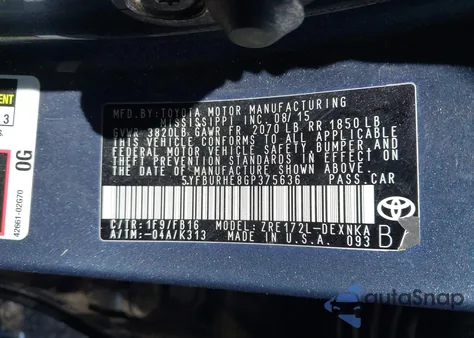 2016 Toyota Corolla Le from USA, damaged, VIN 5YFBURHE8GP375636